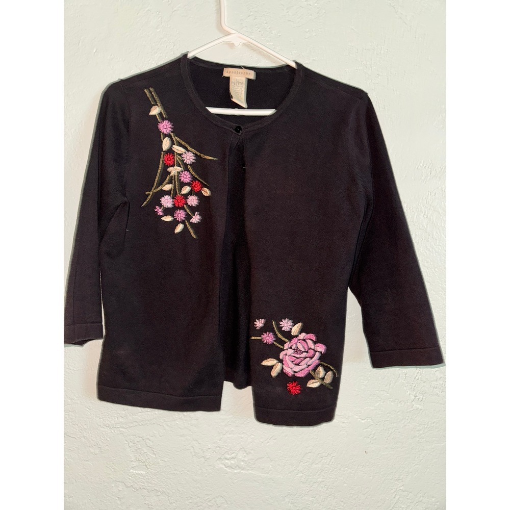 Apostrophe Petite Black Embroidered Floral Button Up‎ Cardigan Sweater Women L